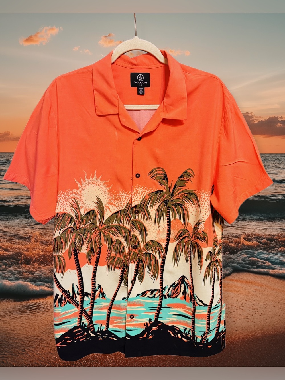 Volcom Orange Palm Print Short-Sleeve Button-Up Shirt size Large